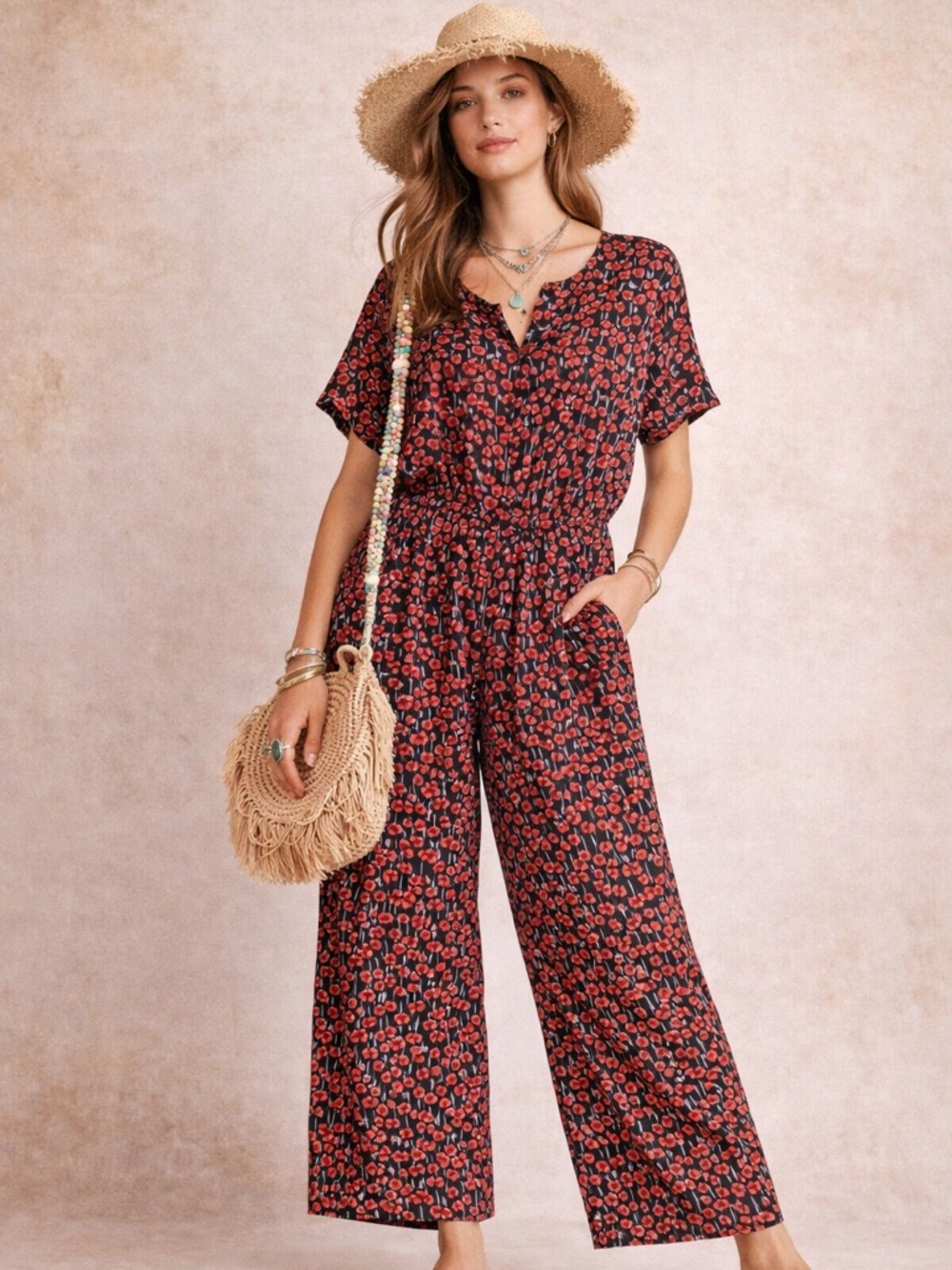 Whistles Silk Cherry Print Jumpsuit Red Black Wide Leg Boho Chic Sz 6‎ *